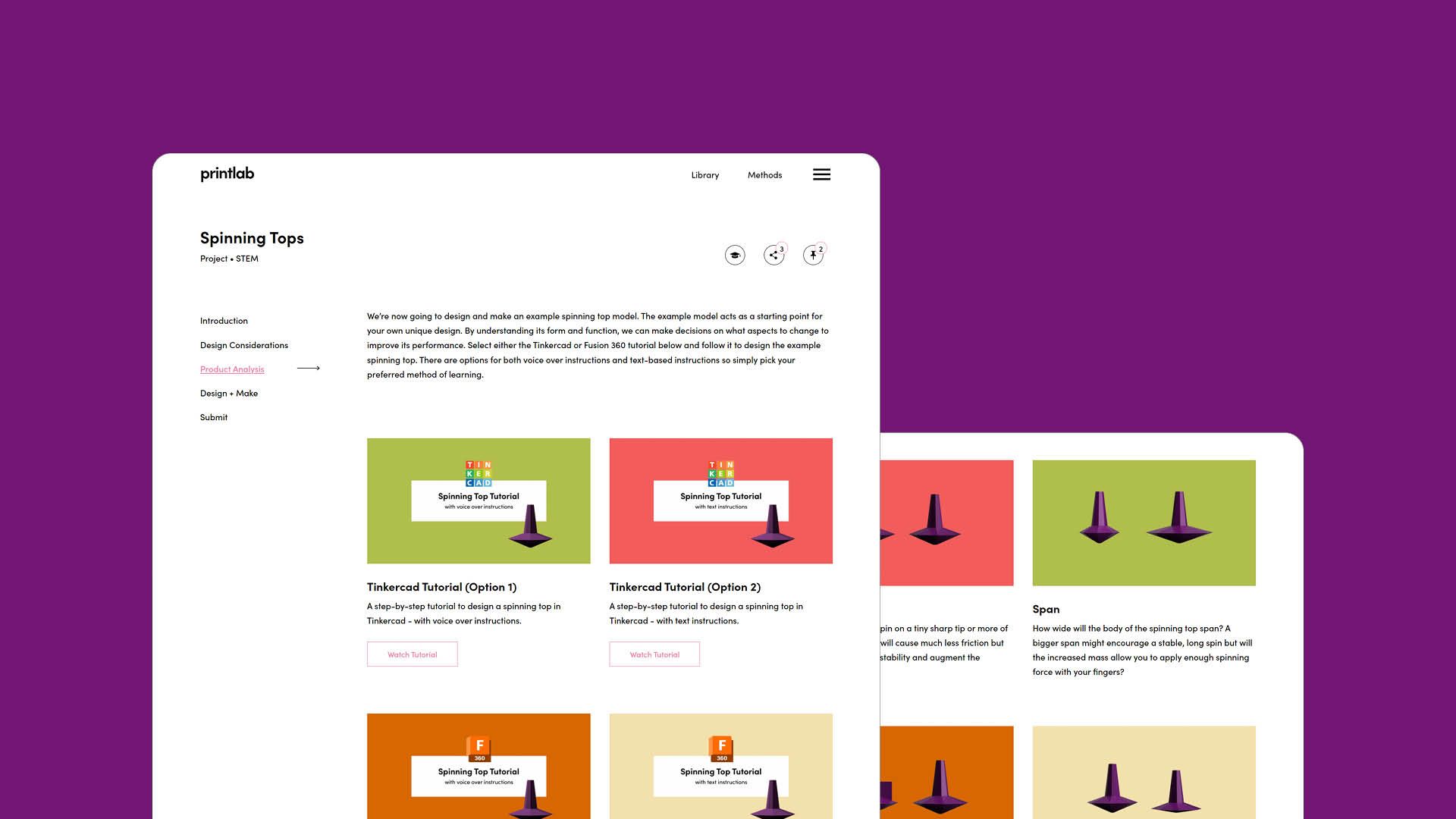 2 website screens showing the learning platform for PrintLab's spinning top project.