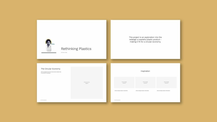 4 example portfolio template slides from PrintLab's rethinking plastics project.