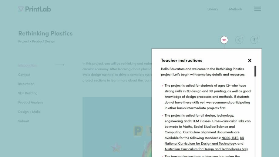 A website screen showing the teacher instructions pop down menu from PrintLab's rethinking plastics project.
