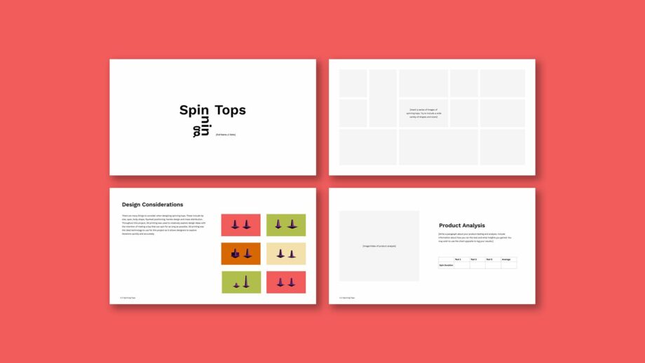 4 example portfolio template slides from PrintLab's spinning top project.