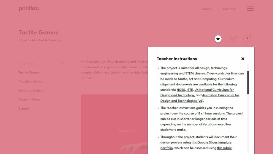 A website screen showing the teacher instructions pop down menu from PrintLab's tactile matching games project.