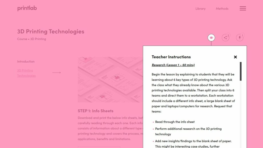 A website screen showing the teacher instructions pop down menu from PrintLab's 3d printing technologies resource.