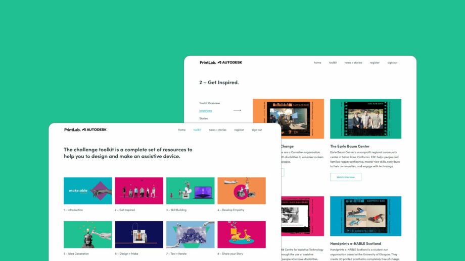 Website screens showing Make:ables's challenge toolkit.
