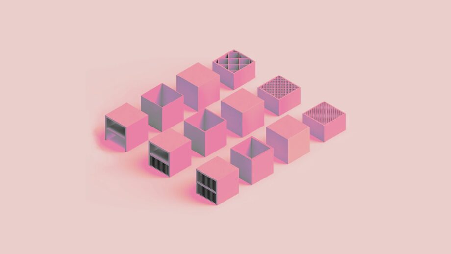 Render of 16 cubes showing different aspects of FFF 3D printing.