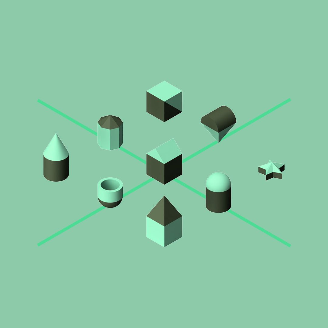 Isometric view of 9 different geometric shapes.