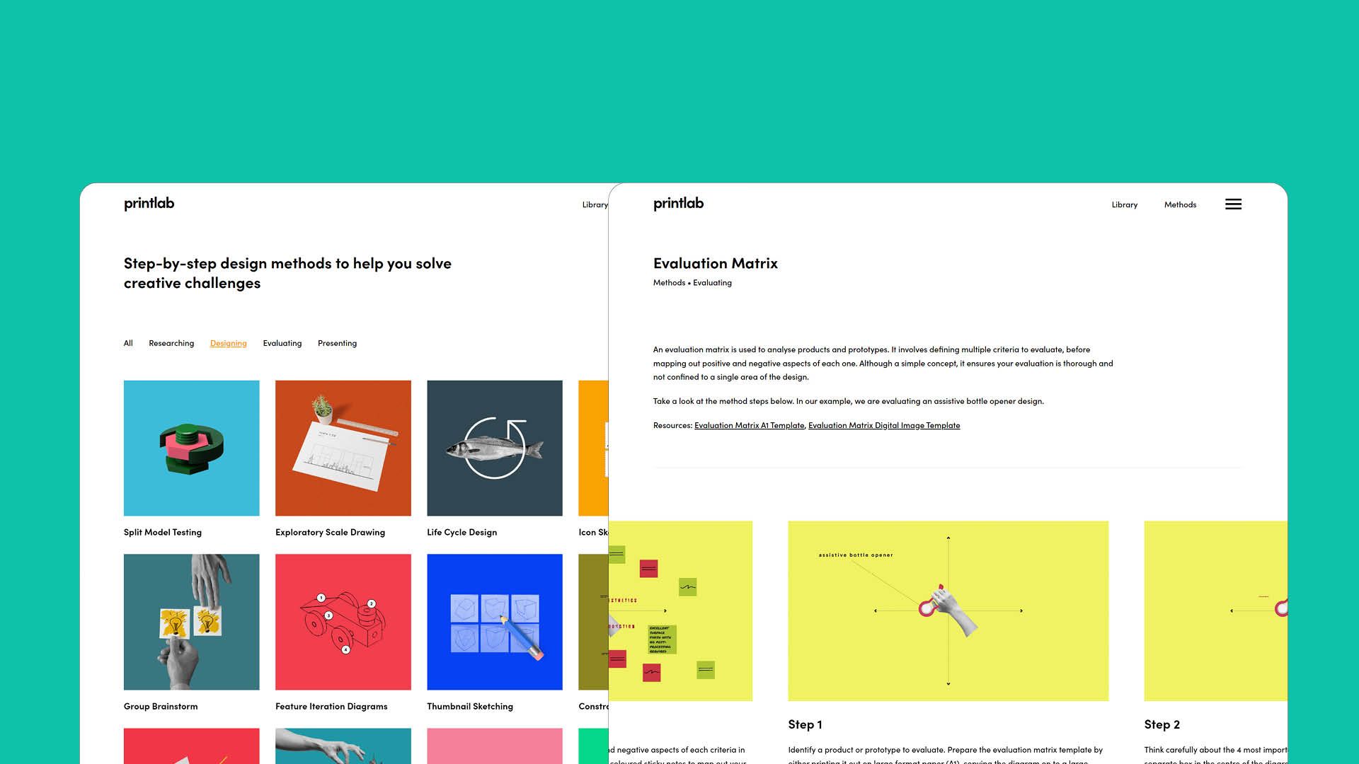 2 website screens showing PrintLab's design method toolkit.