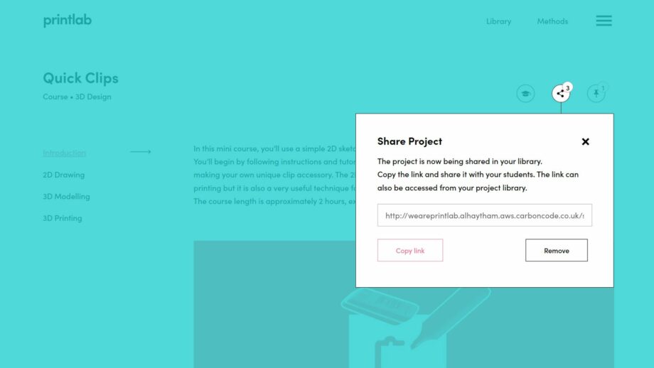 A website screen showing the share resource pop down menu from PrintLab's quick clips project.