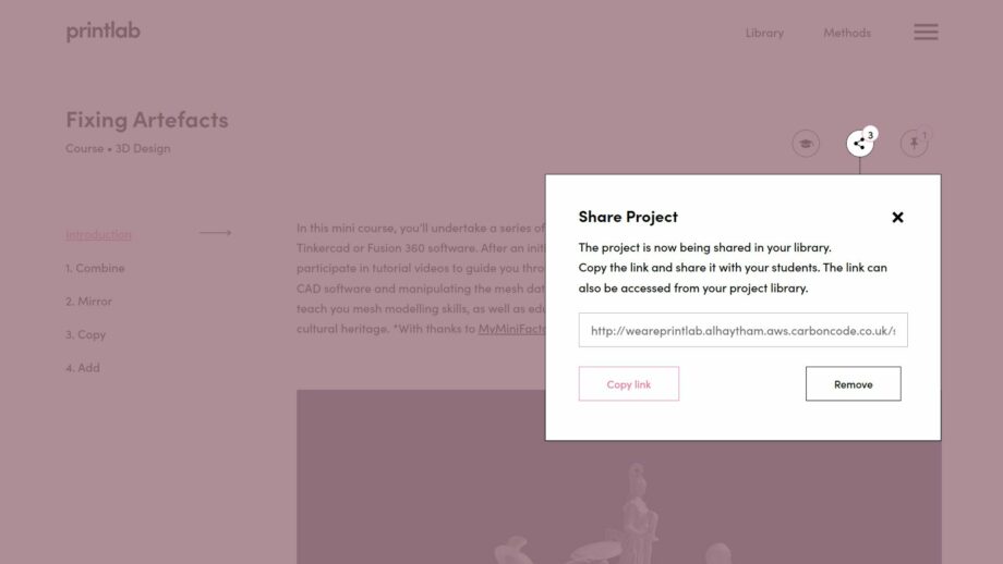A website screen showing the share resource pop down menu from PrintLab's Fixing Artefacts Project.