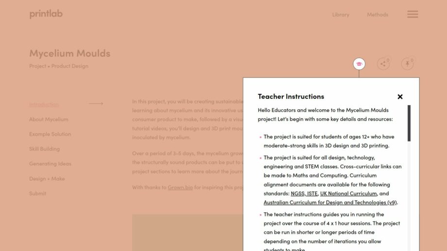 A website screen showing the teacher instructions pop down menu from PrintLab's mycelium moulds project.