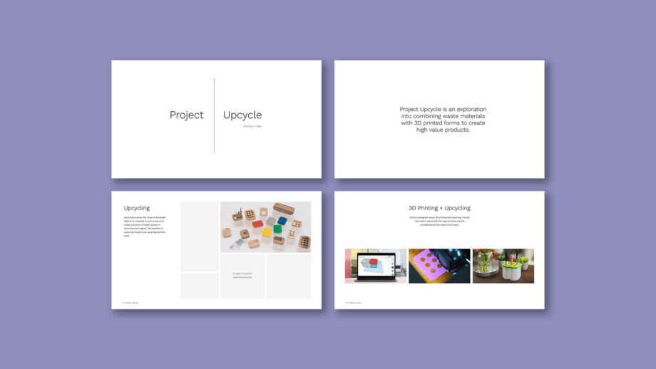 4 example portfolio template slides from PrintLab's upcycling project.