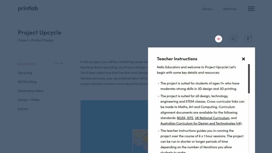 A website screen showing the teacher instructions pop down menu from PrintLab's upcycling project.