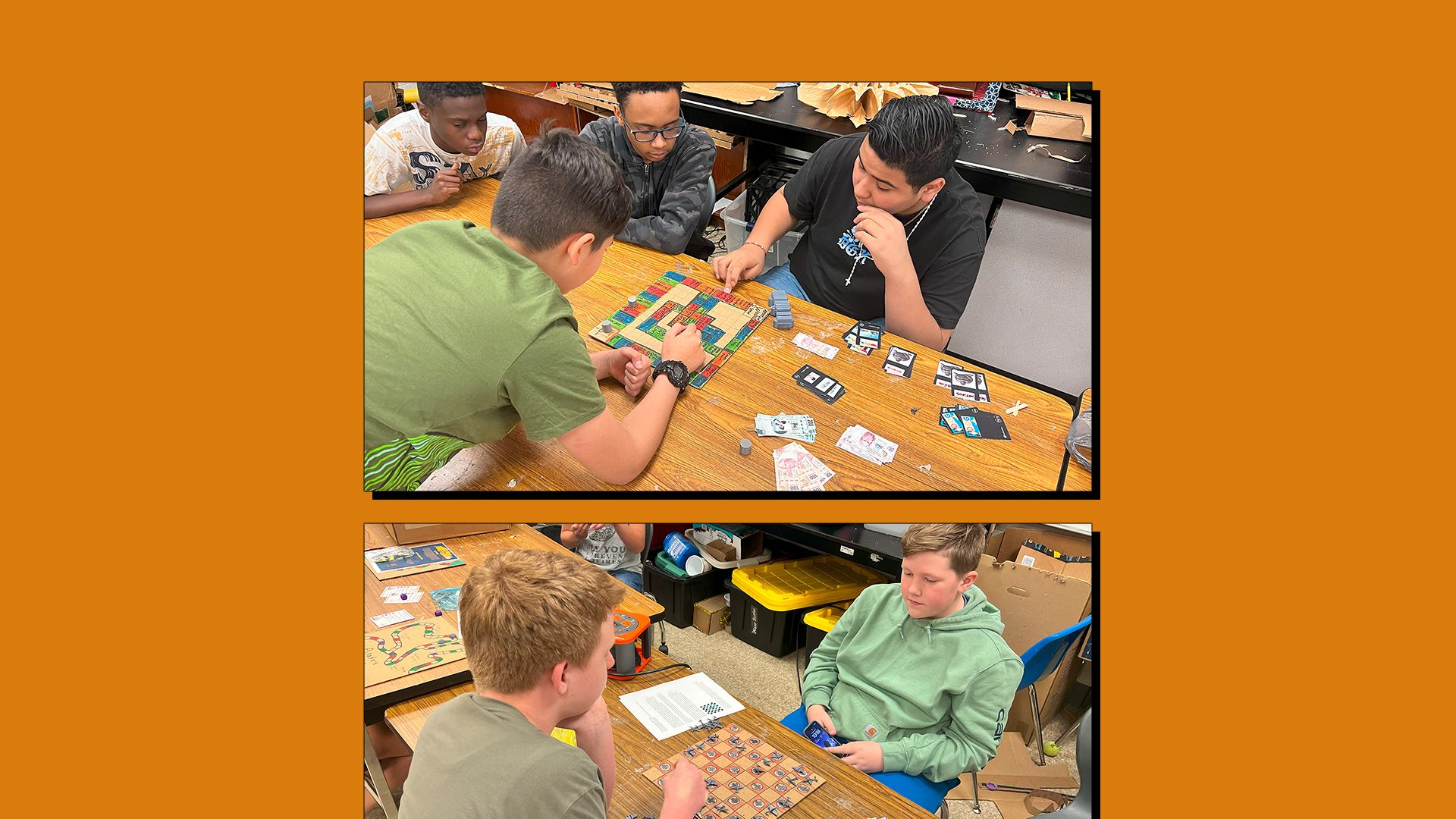 Students playing boardgames with 3D printed components.