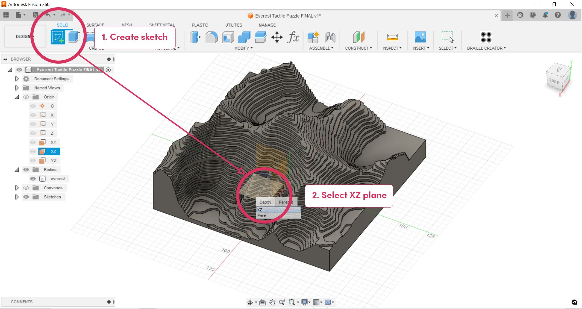 "Create Sketch" tool being used to create a three dimensional contour map of Mt Everest in Fusion 360 software.