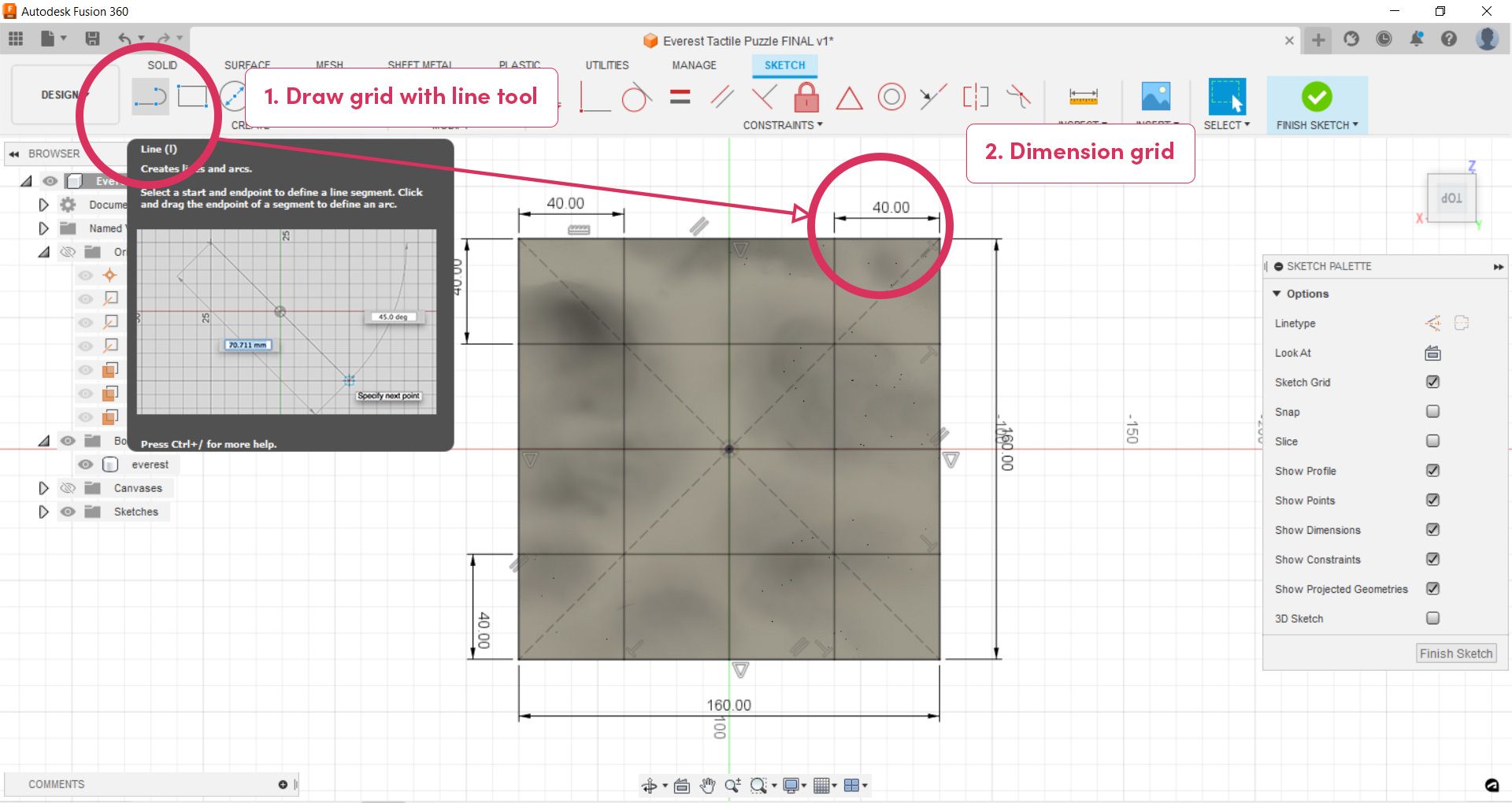 "Line" tool being used to draw grid and create a three dimensional contour map of Mt Everest in Fusion 360 software.