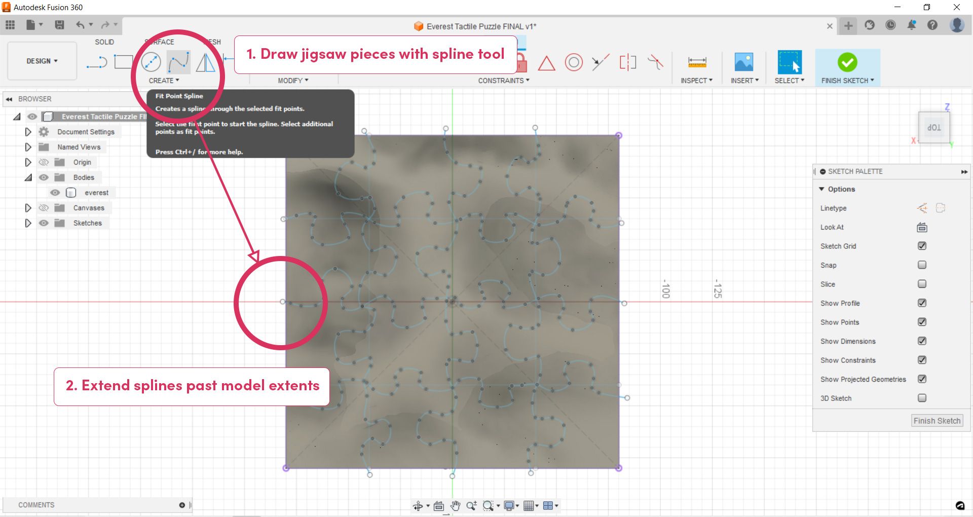 "Fit Point Spline" tool being used to create Jigsaw pieces as part of a three dimensional contour map of Mt Everest.