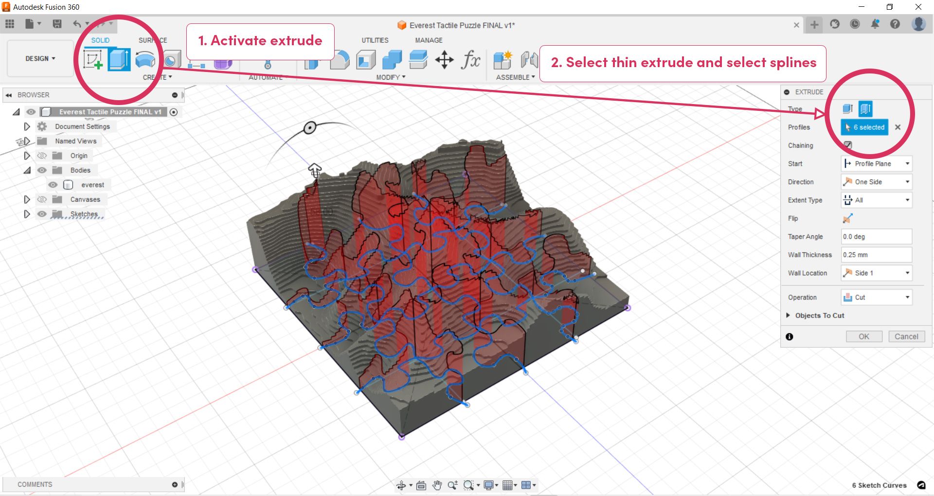 "Extrude" tool being used in Fusion 360 software to create a three dimensional contour map of Mt Everest.