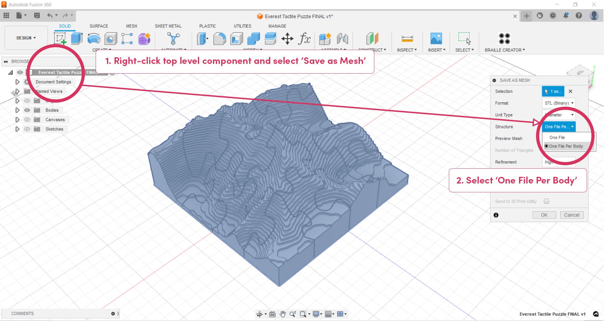 Final Contour Map Model of Mt Everest being exported as a mesh from Fusion 360 software.