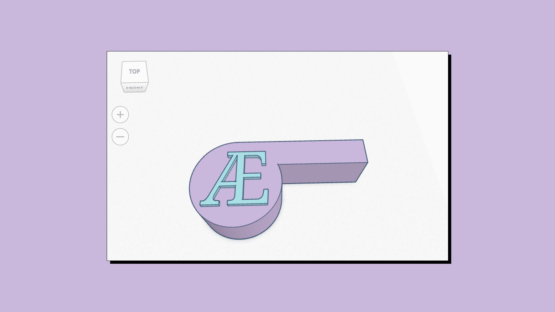 Tinkercad design of a whistle with the initials "AE".