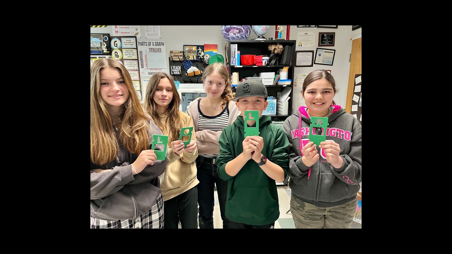 5 students holding up 3D printed braille templates.