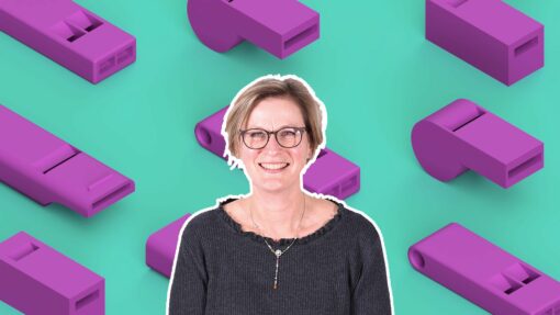 Teacher Linda Dimitrov infront of an abstract background of whistles.