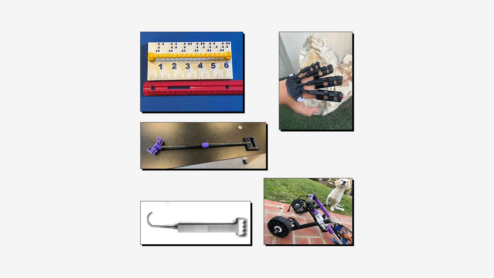 Collage of 3D printed assistive devices, designed for the Make:able Challenge.