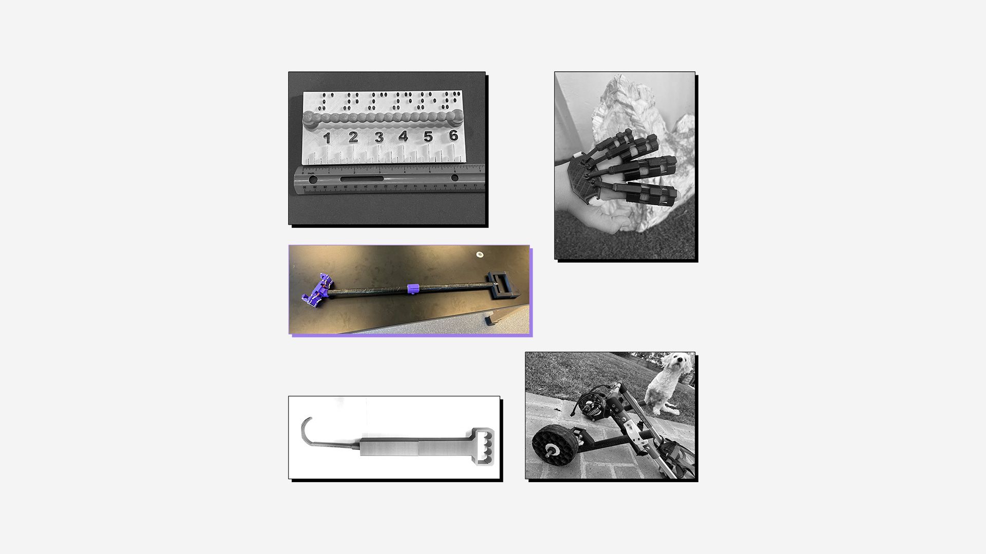 Collage of 3D printed assistive devices with winning entry (grabbing device) highlighted.