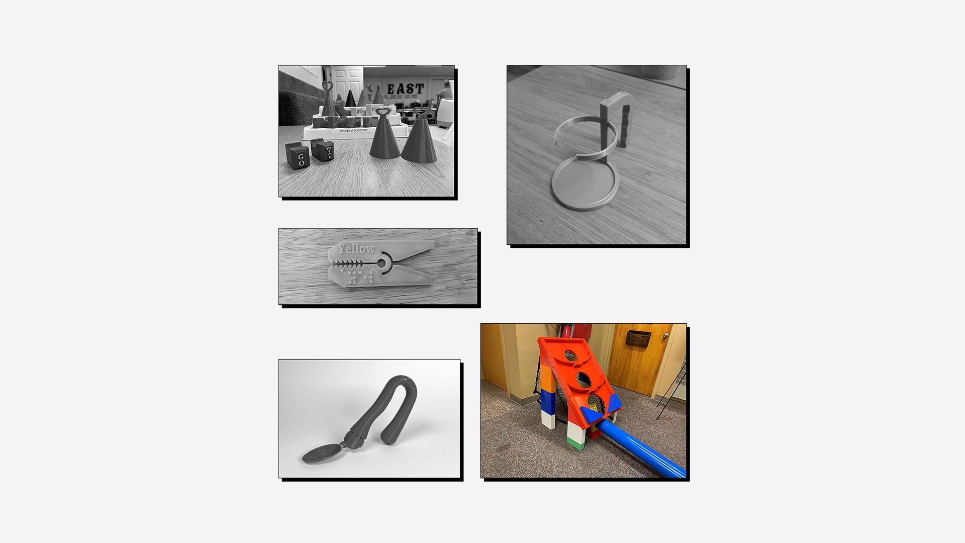 Collage of 3D printed assistive devices with winning entry (arcade ball game) highlighted.