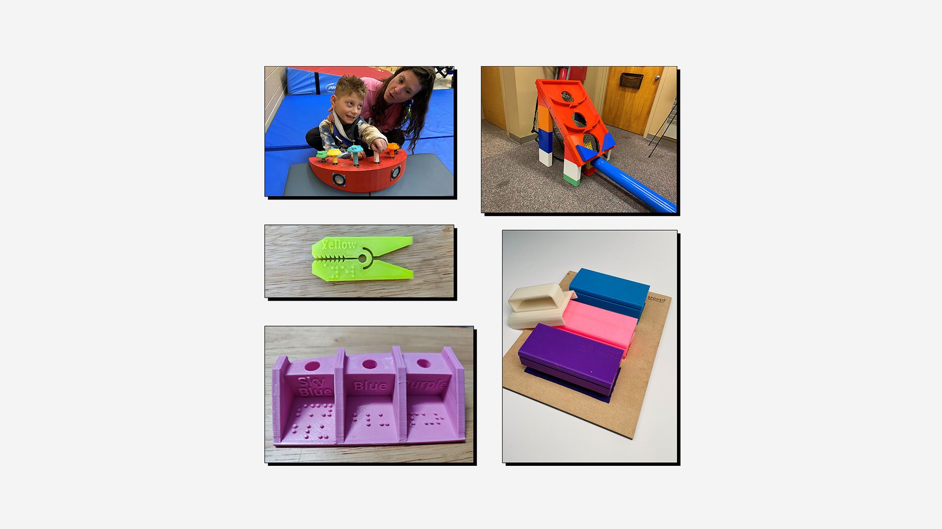 Collage of 3D printed assistive devices, designed for the Make:able Challenge.