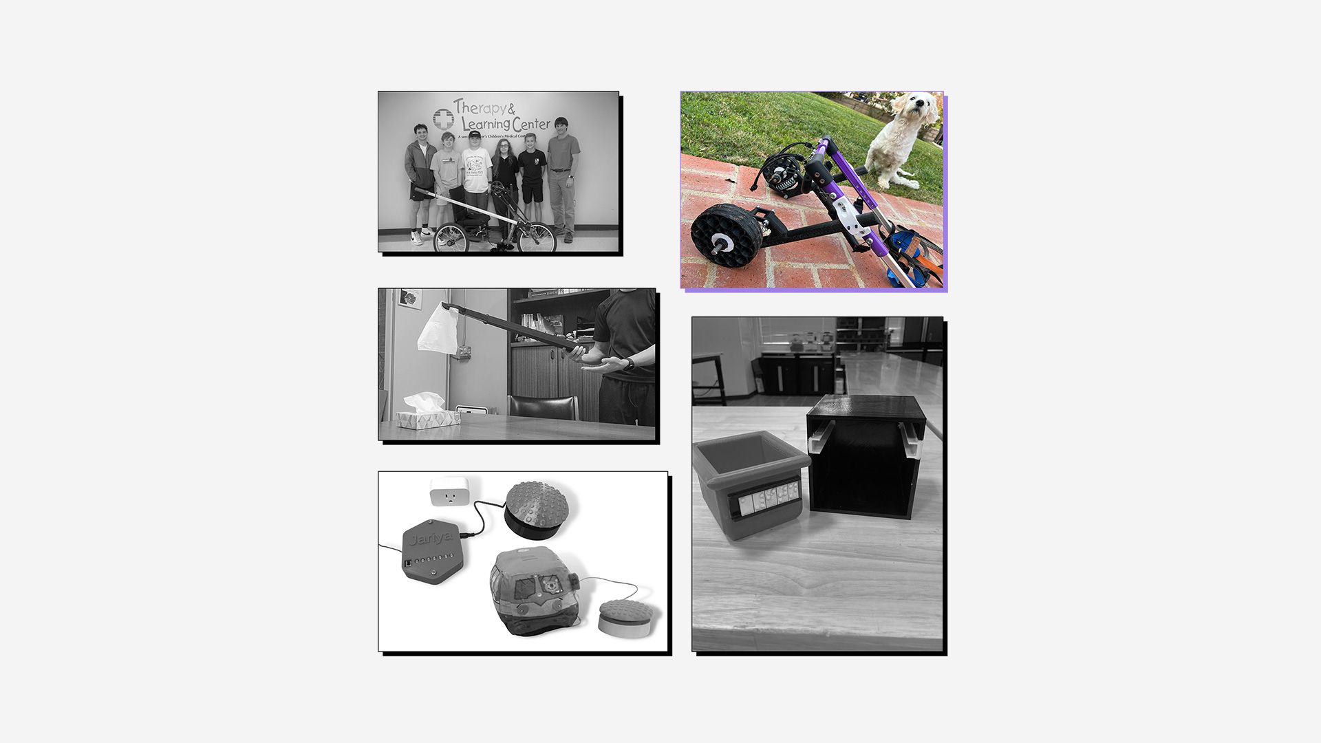 Collage of 3D printed assistive devices with winning entry (dog wheelchair) highlighted.