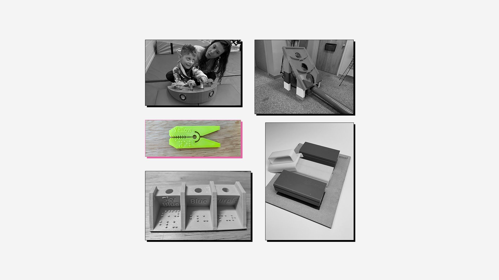 Collage of 3D printed assistive devices with winning entry (braille peg) highlighted.