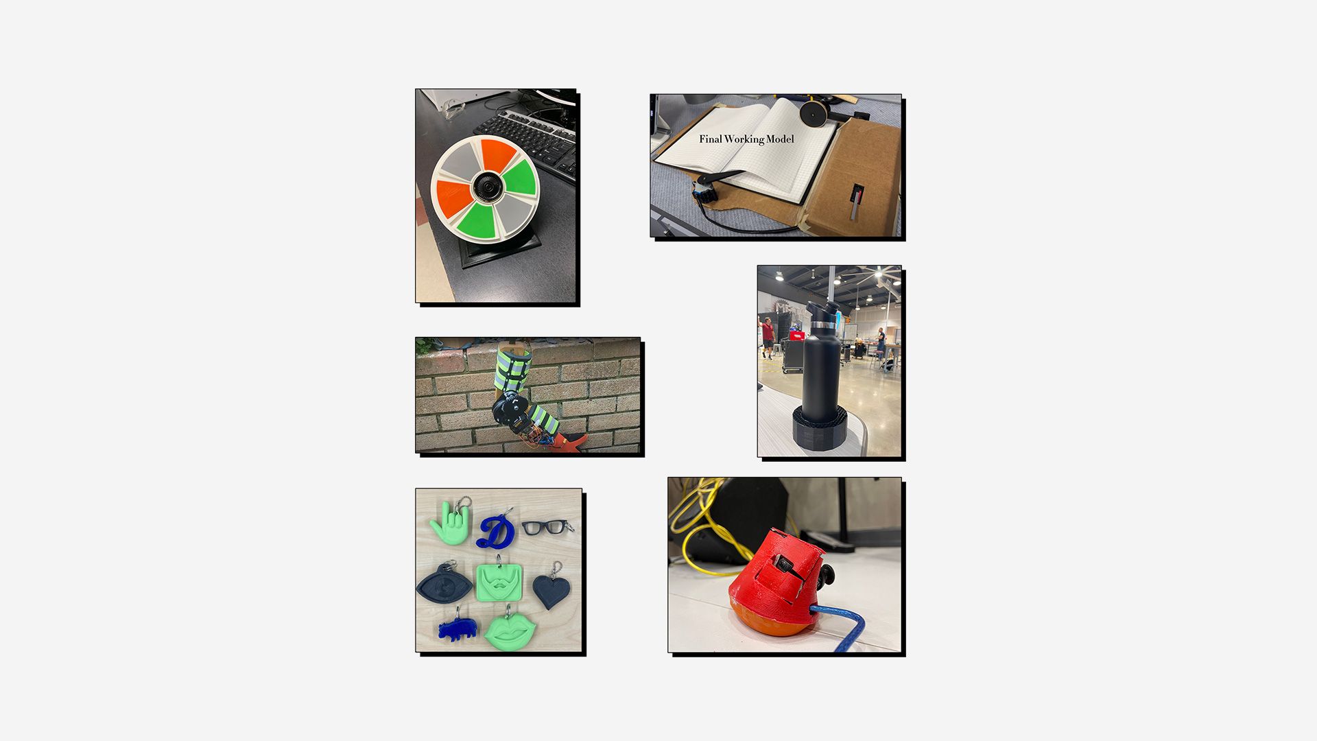 Collage of 3D printed assistive devices, designed for the Make:able Challenge.