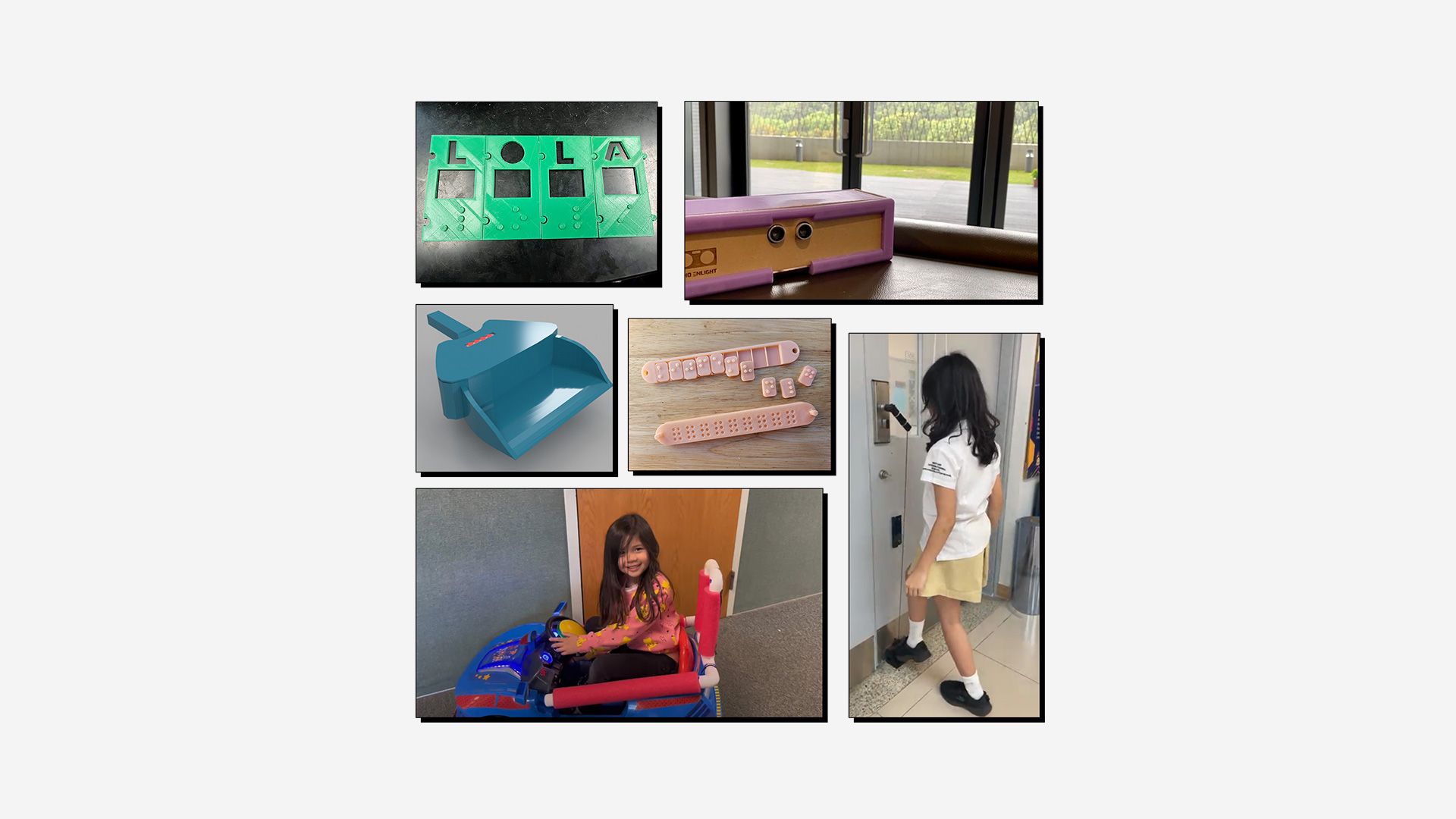 Collage of 3D printed assistive devices, designed for the Make:able Challenge.