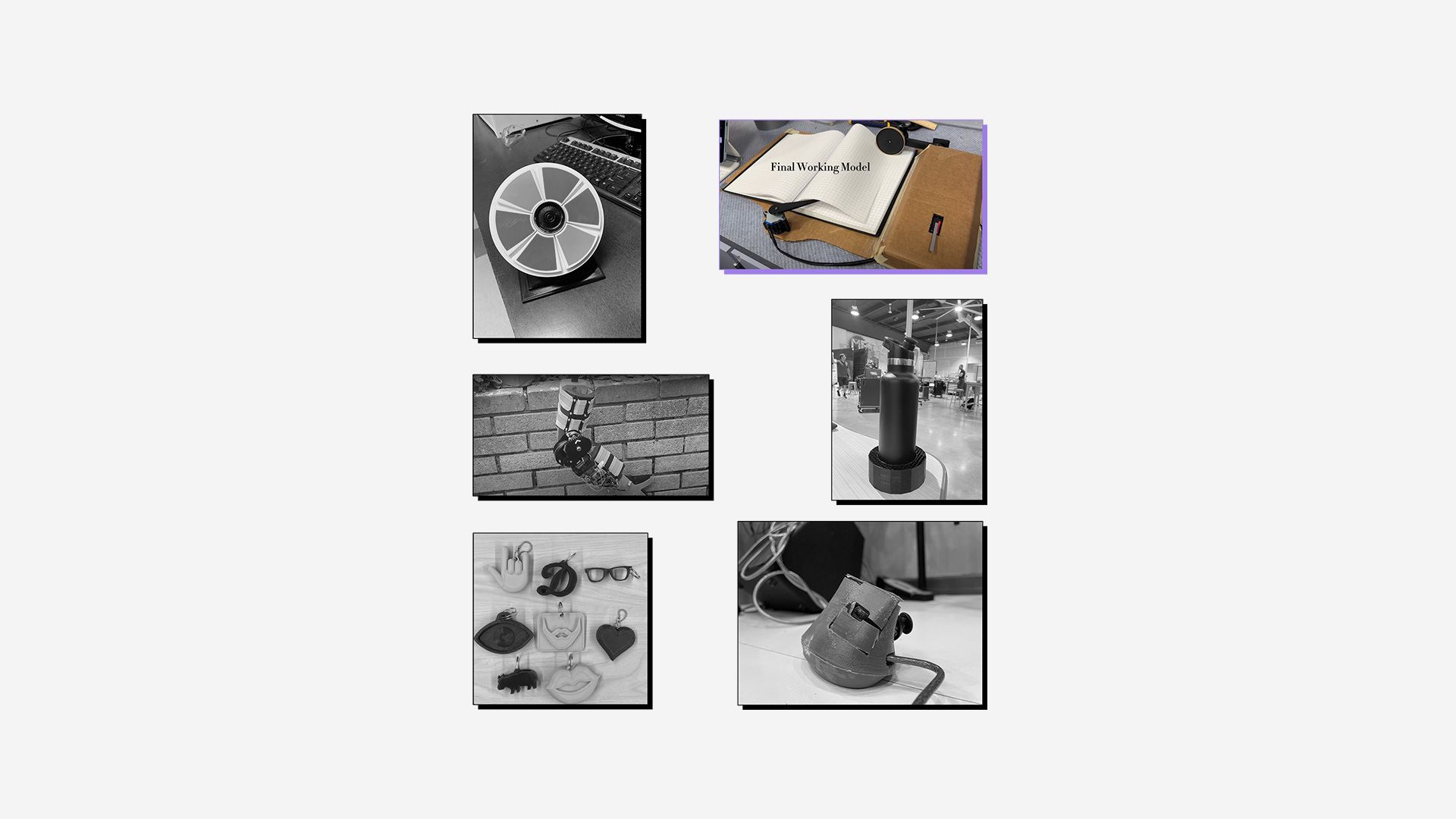 Collage of 3D printed assistive devices with winning entry (automatic page turner) highlighted.