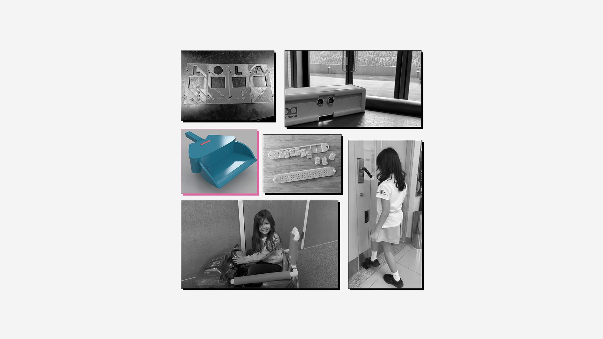 Collage of 3D printed assistive devices with winning entry (dust detector dustpan) highlighted.