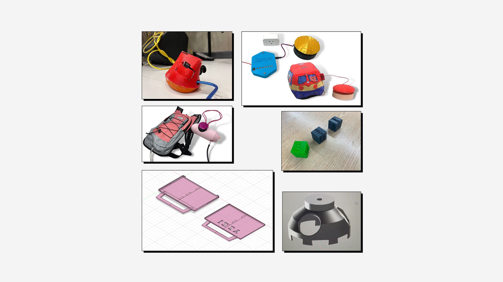 Collage of 3D printed assistive devices, designed for the Make:able Challenge.