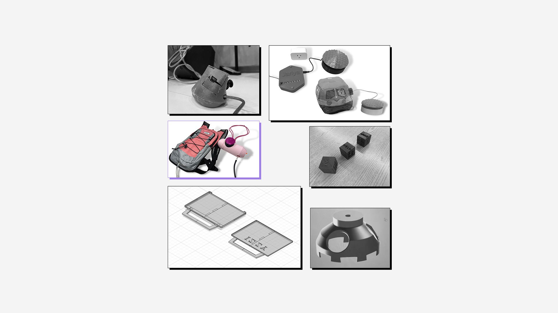 Collage of 3D printed assistive devices with winning entry (adaptive water gun) highlighted.