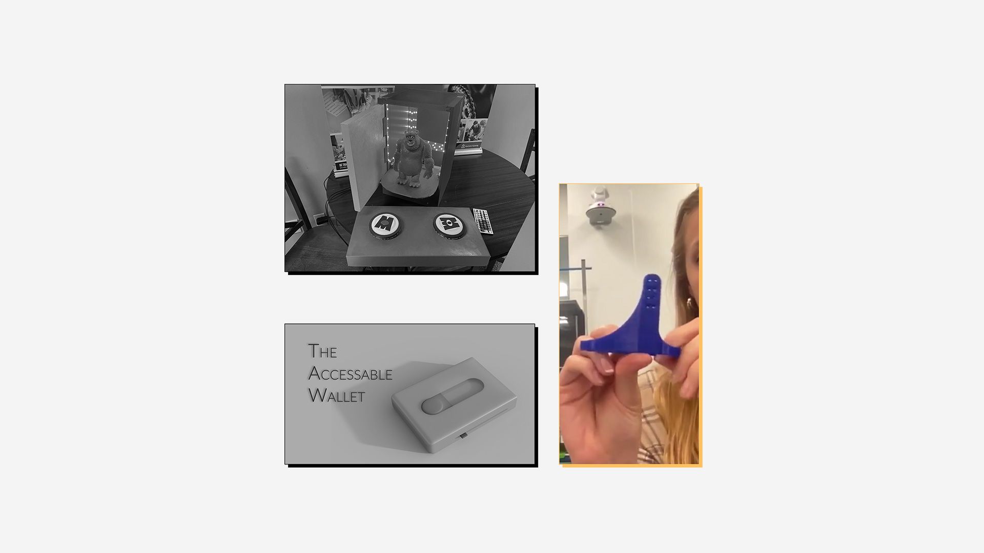 Collage of 3D printed assistive devices with winning entry (eating utensil) highlighted.