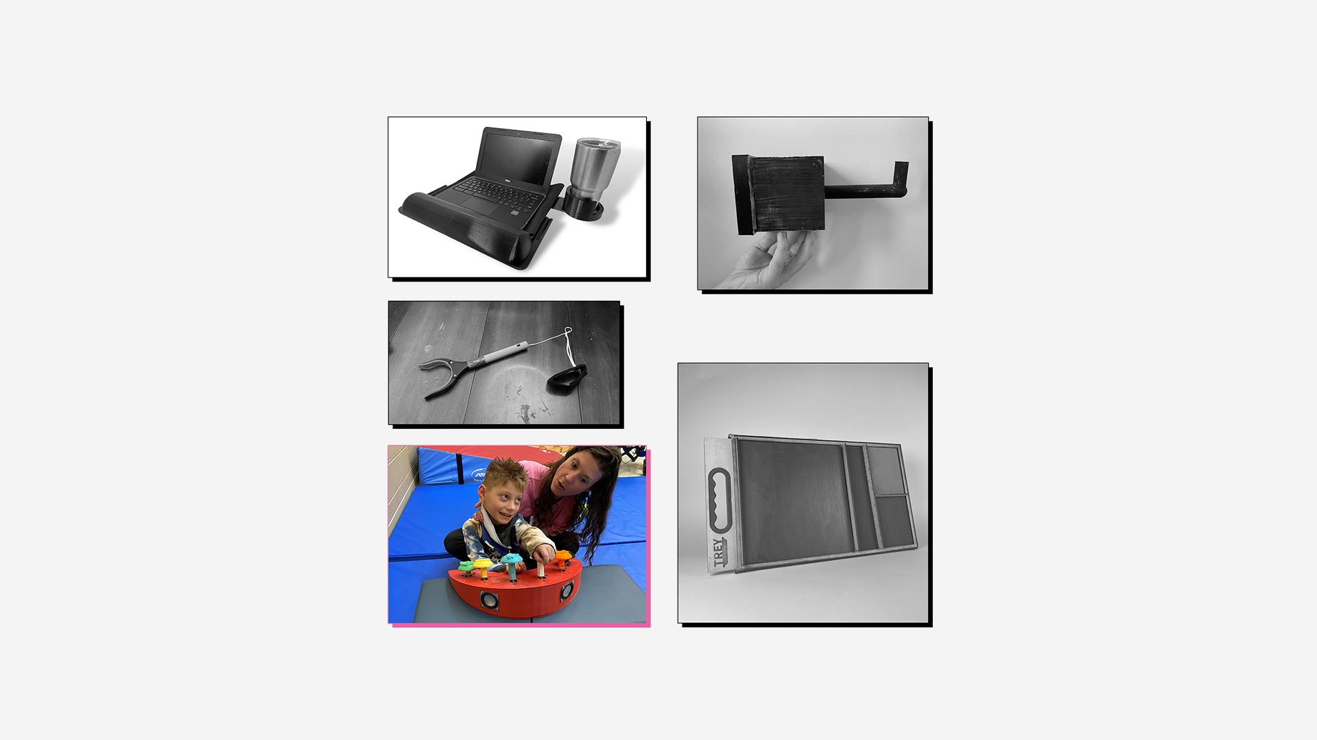 Collage of 3D printed assistive devices with winning entry (sound toy) highlighted.