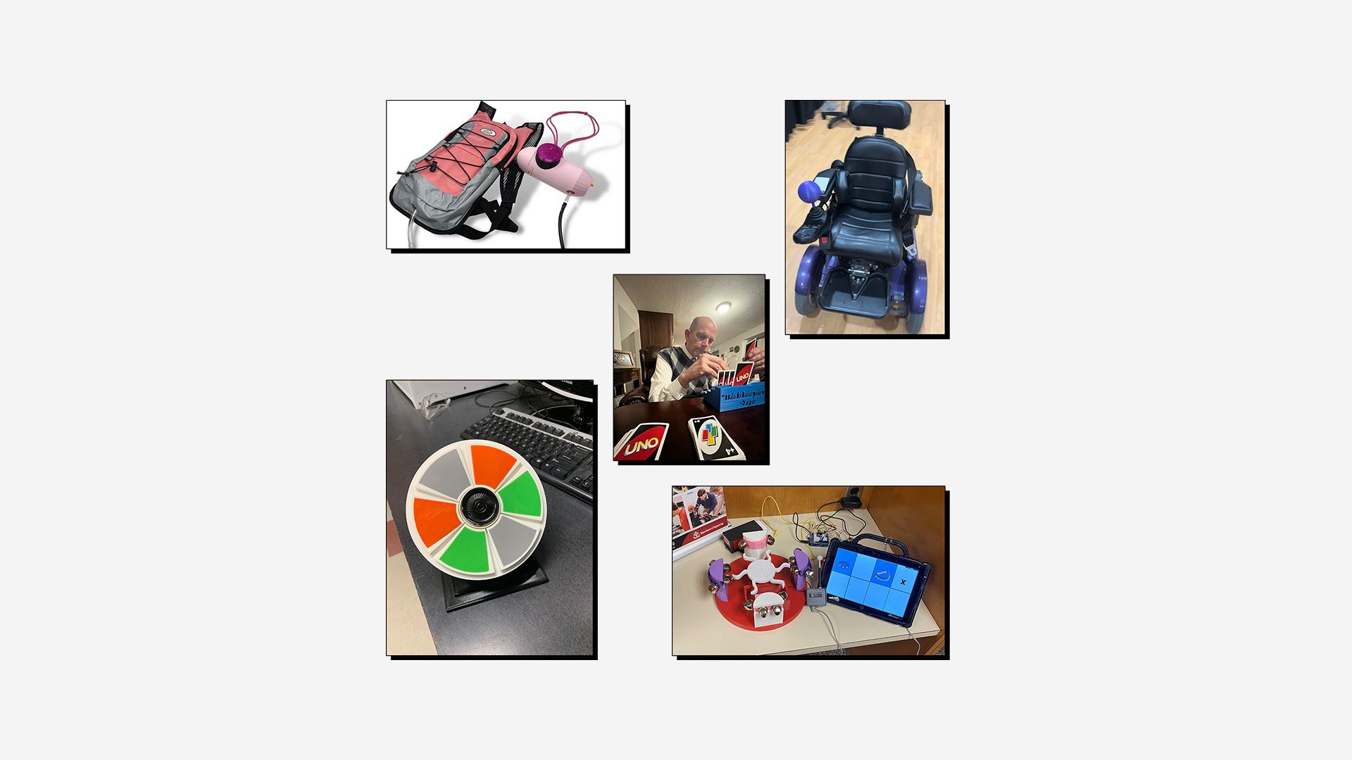 Collage of 3D printed assistive devices, designed for the Make:able Challenge.