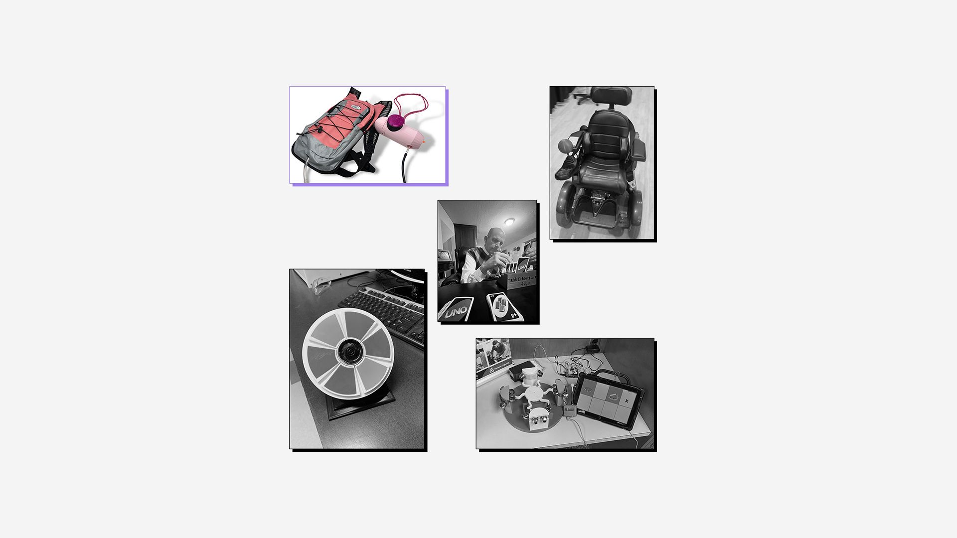 Collage of 3D printed assistive devices with winning entry (adaptive water gun) highlighted.