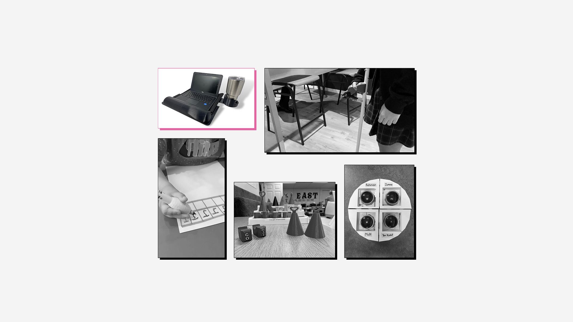 Collage of 3D printed assistive devices with winning entry (wheelchair cup holder) highlighted.