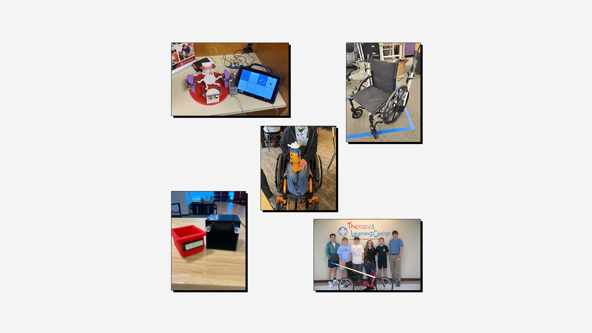 Collage of 3D printed assistive devices, designed for the Make:able Challenge.
