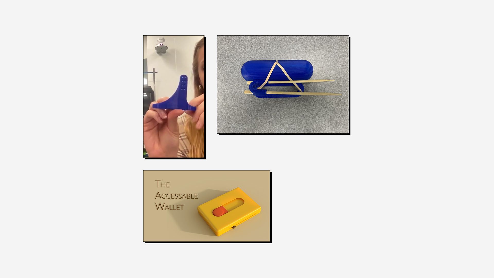 Collage of 3D printed assistive devices, designed for the Make:able Challenge.