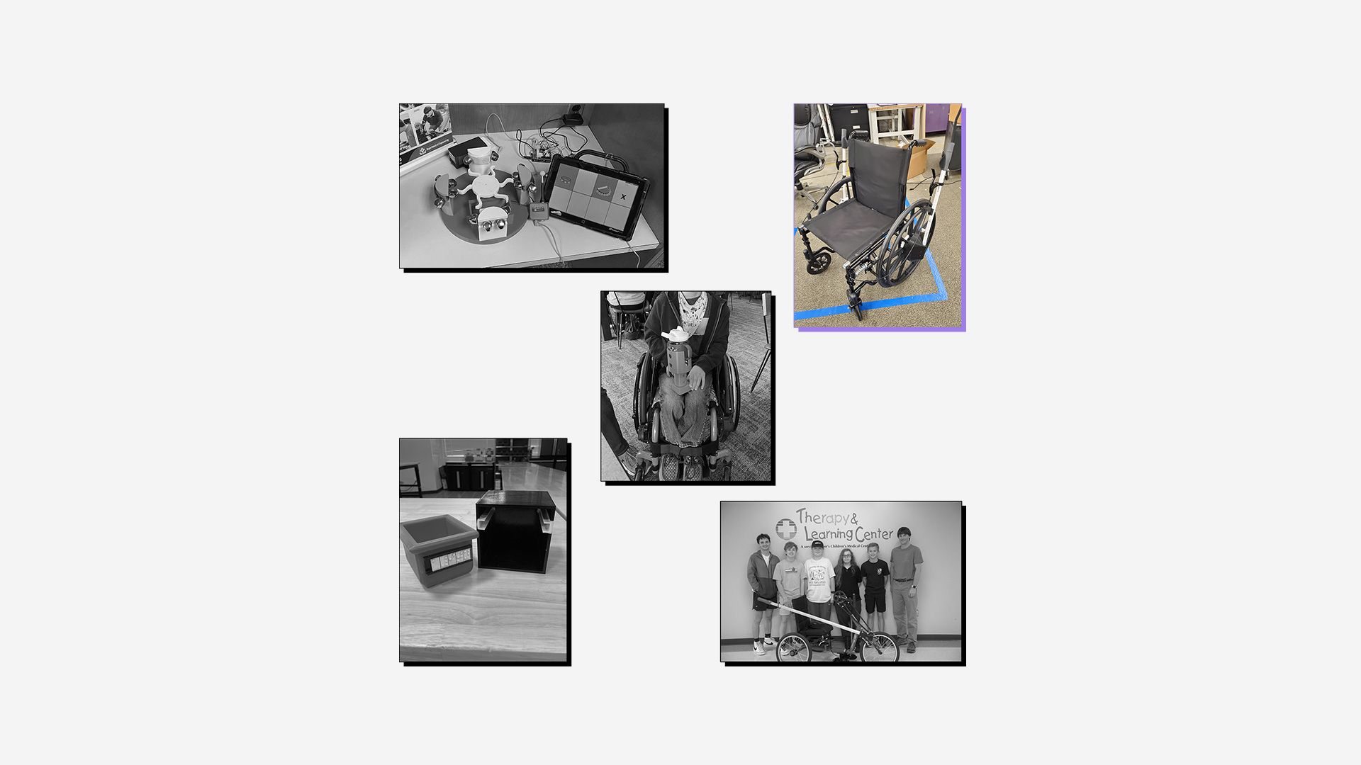 Collage of 3D printed assistive devices with winning entry (wheelchair lever) highlighted.