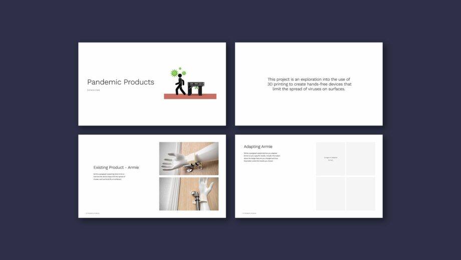 4 example portfolio template slides from PrintLab's 'Pandemic Products' project.