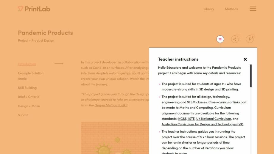 Website screen showing the teachers instructions drop down menu from PrintLab's 'Pandemic Products' project.