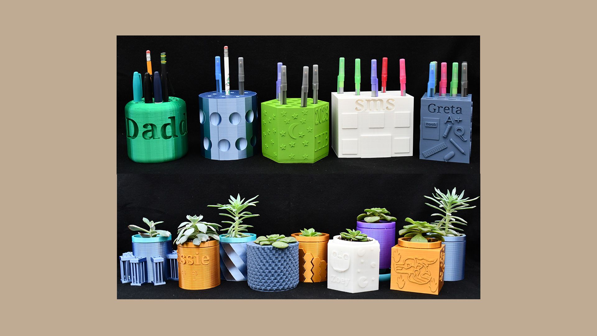 A range of 3D printed pen holders and planters.