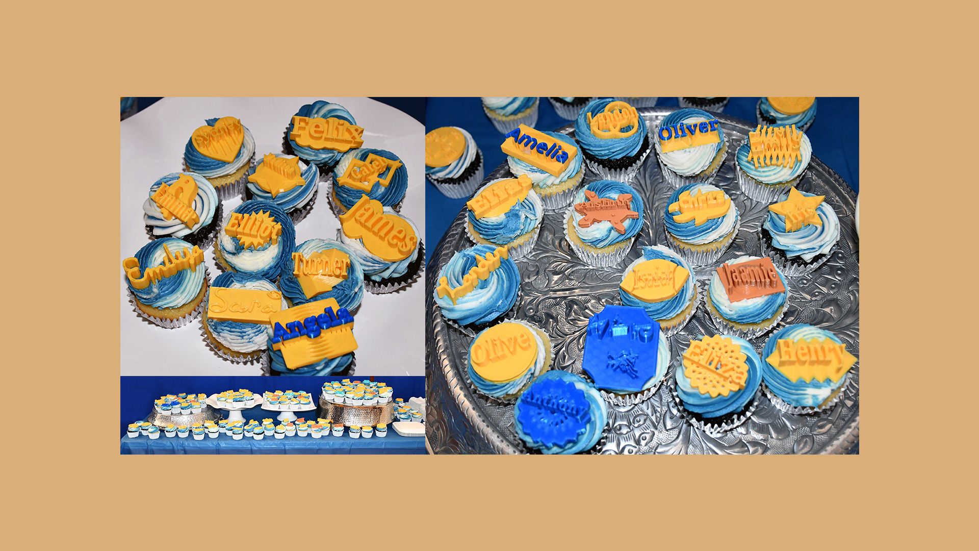 A table of cupcakes, decorated with 3D printed toppers with different names.