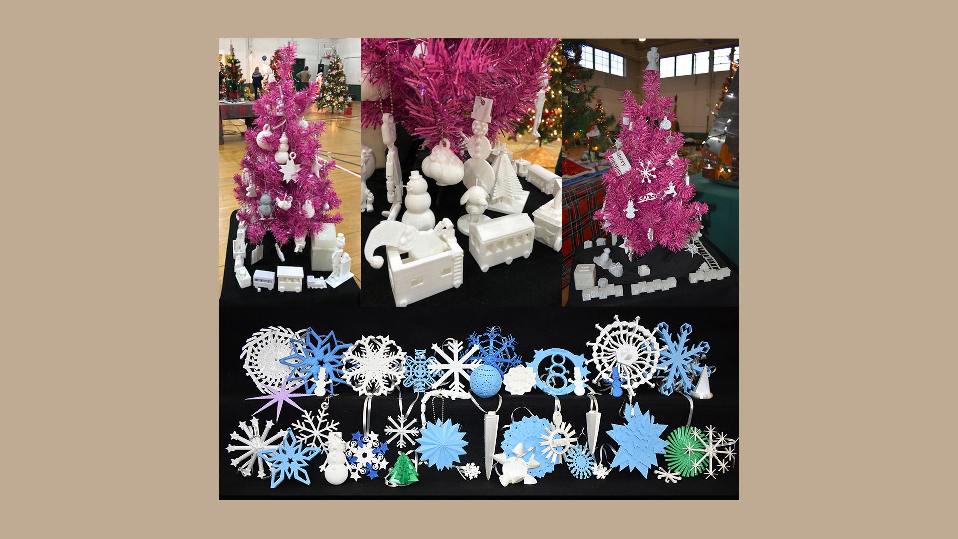 A range of 3D printed ornaments, including snowflakes and Christmas decorations.