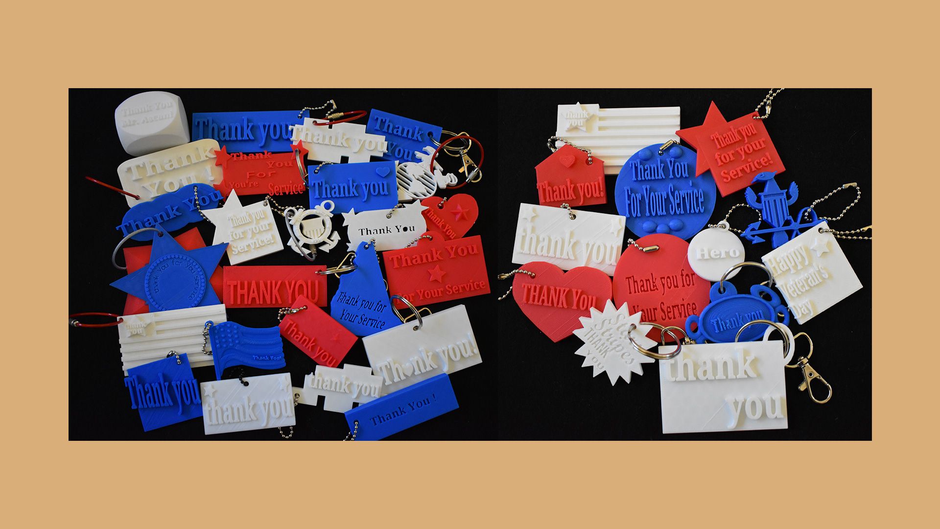 A range of 3D printed keychains for veterans. Each with a thank you message.